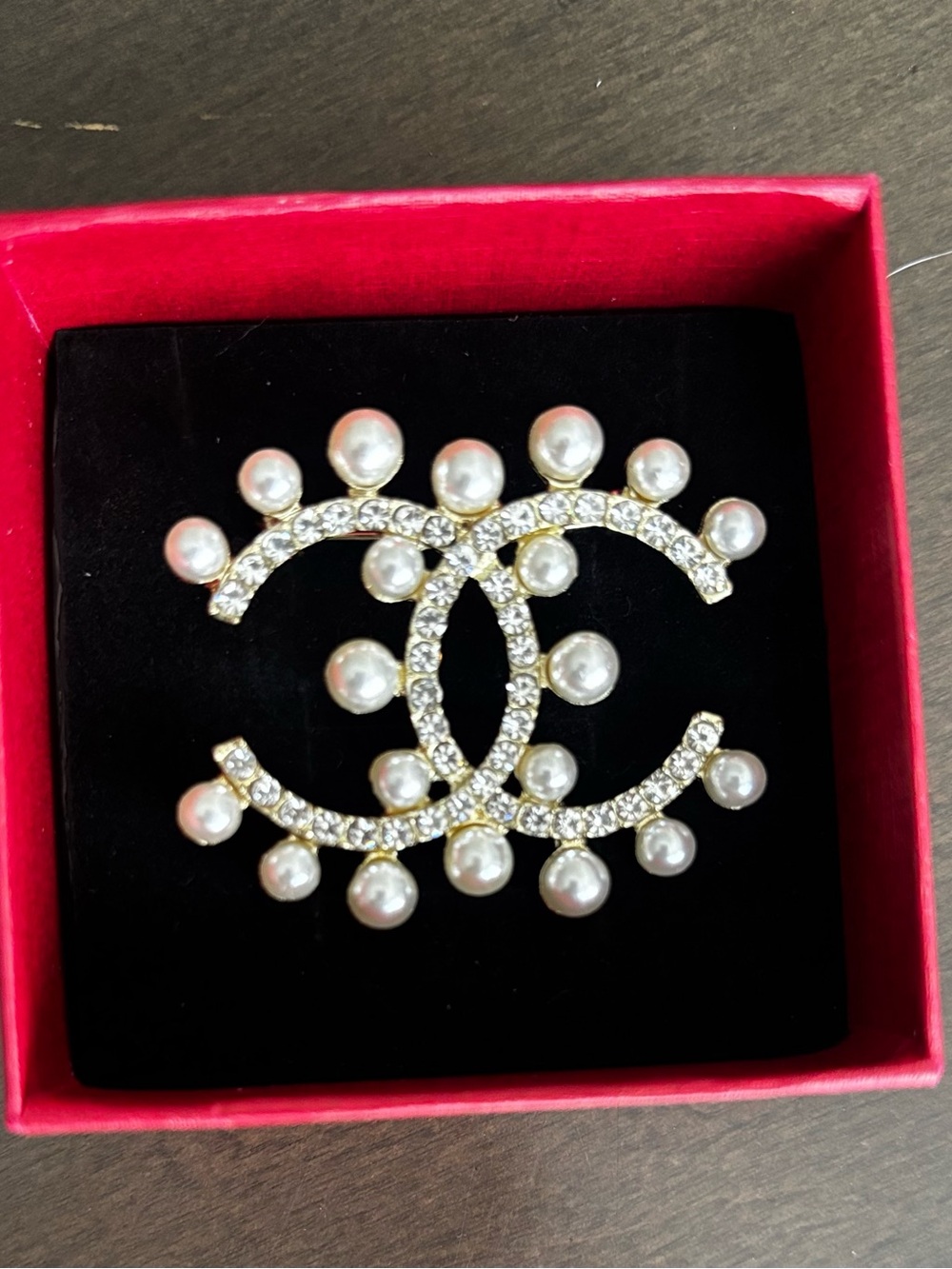 Pearl & Crystal Double-C Logo Broochs - $40 each